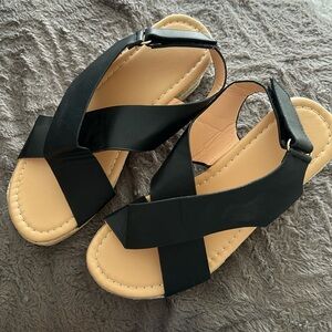 NEW Black Crisscross Raffia Wedge Sandals